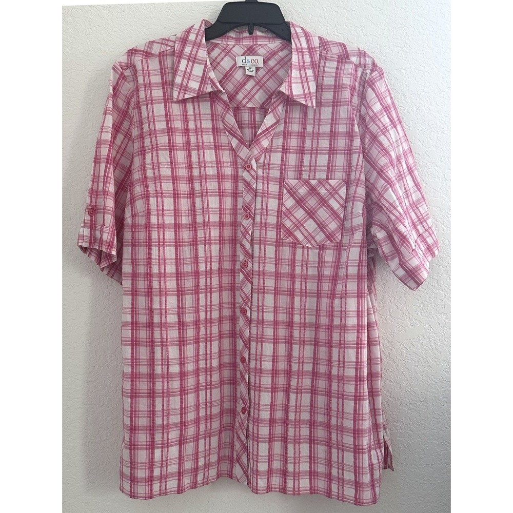 D&Co. Womens Plaid Shirt Sz 2X Pink White Built In Tank Cottagecore Casual Comfy
